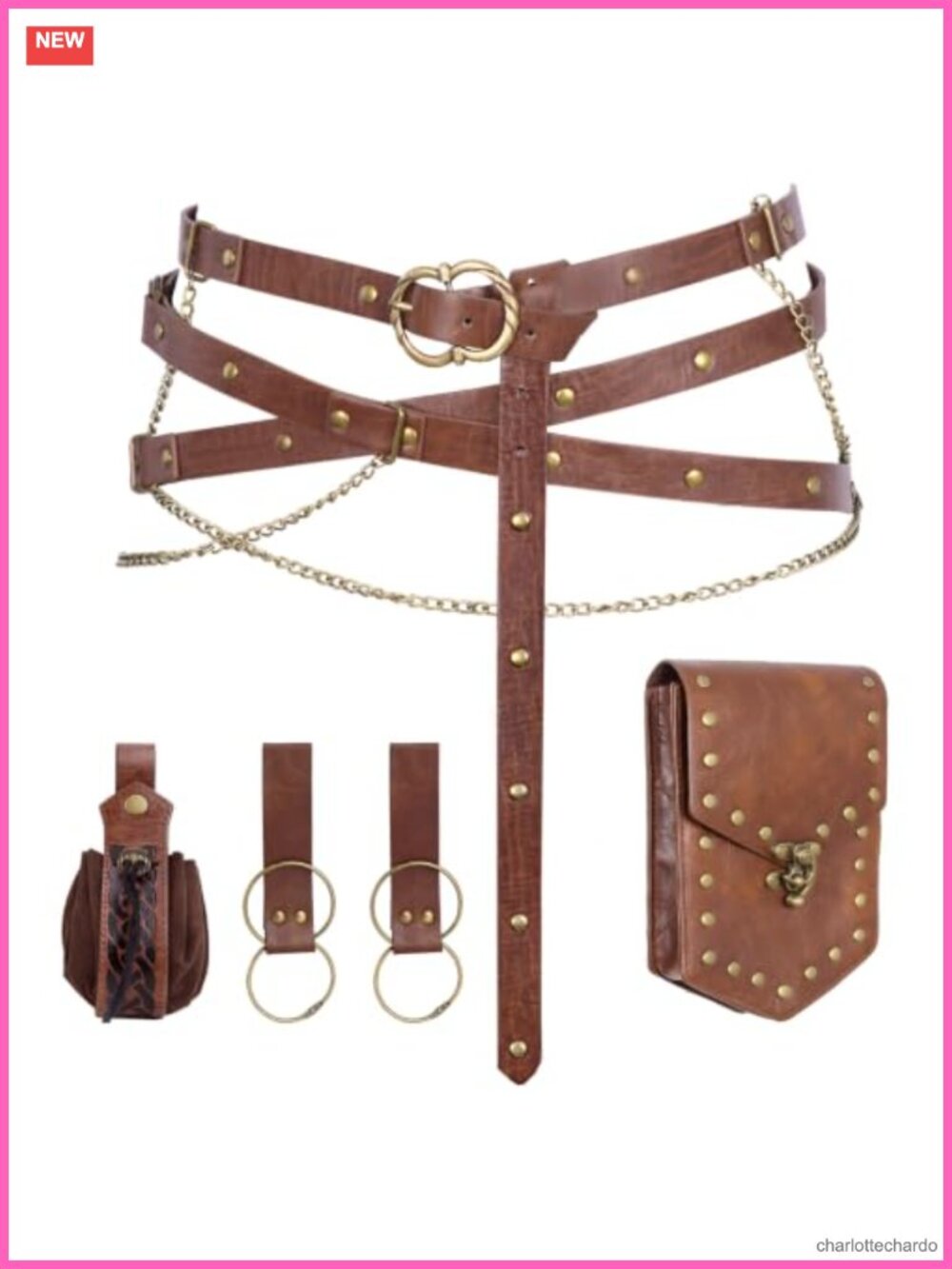 Faux Leather Renaissance Belt Set Medieval Pouch Chains Skirt Hikes